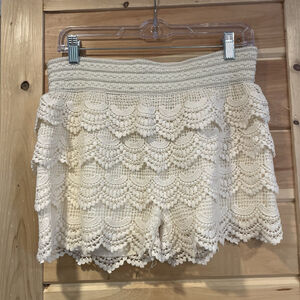 tiered crochet lace Cream Color shorts By Blue Island Boho Festival Beach